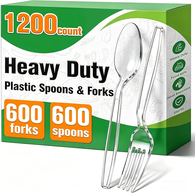1200 Count Plastic Silverware Heavy Duty,Clear Plastic Forks and Spoons, 600 PlasticSpoons & 600 Forks,BPA-Free,Heat Resistant Disposable Cutlery Utensil Set for Catering & Events, Daily Use