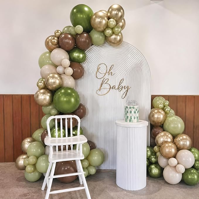 Sage Green Brown Balloons, 60Pcs 12Inch Metallic Sage Green Brown Beige Gold Balloons for Jungle Safari Woodland Hunting Theme Baby Shower Birthday Party Decorations