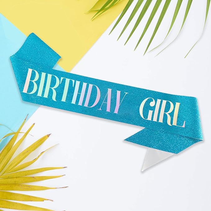 Birthday Sash for Girl, Dazzle Foil Letter Glitter Teal Blue Birthday Sash for Women Girl Kids Teenager Bday Gifts Party Favors Photo Prop
