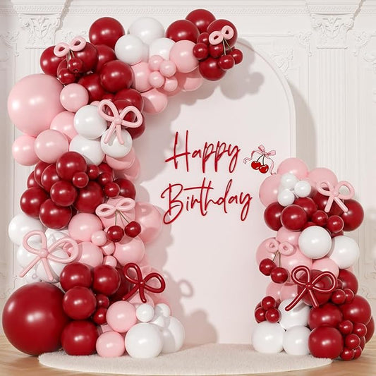 Pink and Red Balloon Arch Kit, Double Stuffed Balloons and Bows for Retro Soda Theme Baby Shower Coquette Cherry Themed Birthday Wedding Romantic Valentines Party Decorations