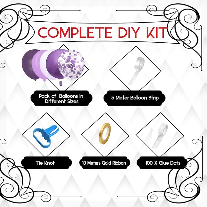 Archloon 156pcs Purple Balloon Garland Arch Kit, Different Sizes 18 12 10 5 inch Lavender Latex Metallic Confetti Purple Balloons for Halloween Wedding Birthday Baby Shower Party Decorations Supplies