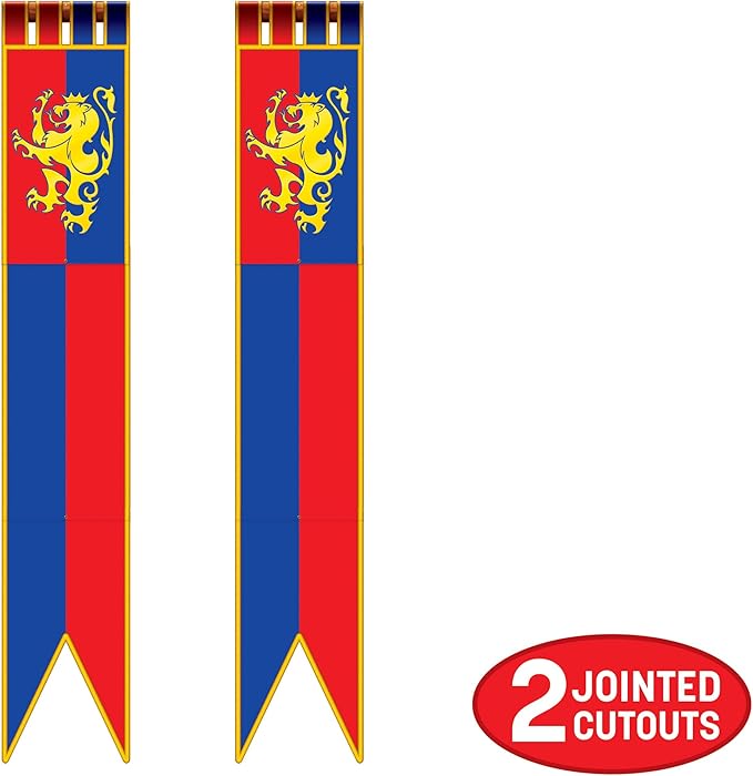 Beistle Jointed Medieval Pull-Down Cutouts – 2 Count Double Sided Castle Banner Decorations with Golden Lion for Renaissance Fairs Knight Parties Jousting Tournaments and Medieval Banquets, 6 Foot