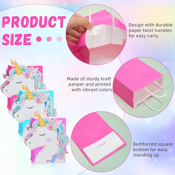 Kolldenn 24 Pack Unicorn Party Favor Bags Goody Bags 3 Colors with 48 Pcs Cardstocks and Handles for Unicorn Birthday Party Gift Goody Treat Candy for Unisex Favors