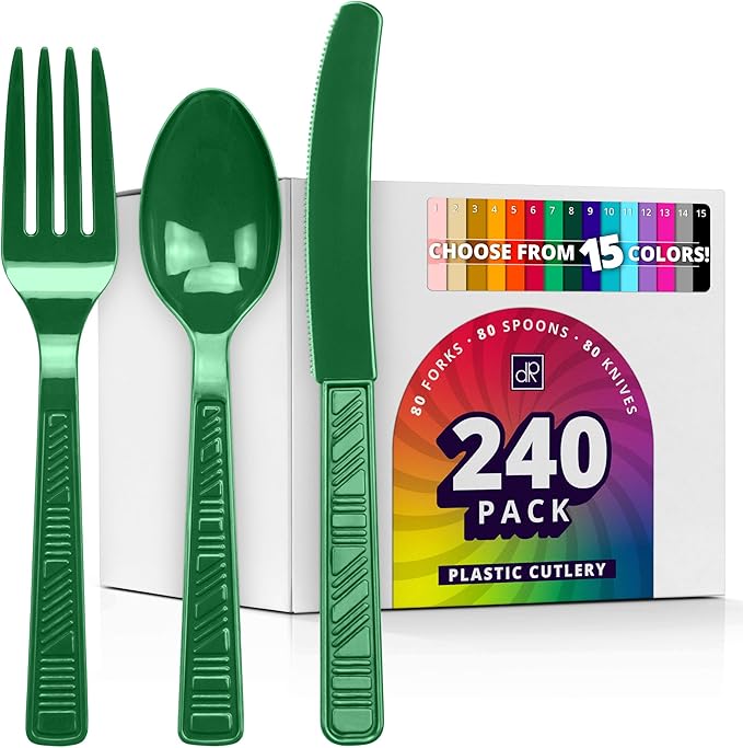 DecorRack Plastic Cutlery Set, Green Colored Plastic Silverware Sets for Parties, 240 Piece Bulk Heavy Duty Utensils (Green, 240 Pieces)
