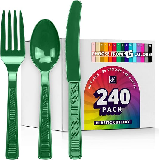 DecorRack Plastic Cutlery Set, Green Colored Plastic Silverware Sets for Parties, 240 Piece Bulk Heavy Duty Utensils (Green, 240 Pieces)