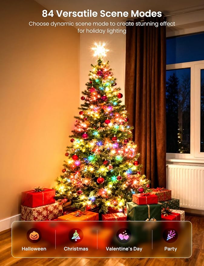 Smart Christmas Fairy Lights, 65.6Ft 200LEDs RGB+IC String Light, APP & Remote Control, with 84 Scenes, Music Mode, Work with Alexa & Google Home, Color Changing Halloween Decor Light for Indoor Tree