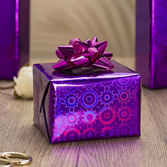 Burymento Purple Wrapping Paper Roll, Metallic Holographic Bohemia Gift Wrap for Birthday, Valentines, Mothers day, Graduation, Wedding, Fathers day, Baby Shower, Christmas (17 IN x 32.8 FT)