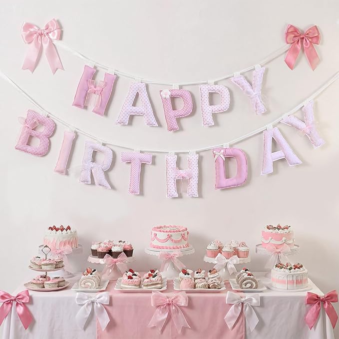 Suncalla Pre-strung Happy Birthday Banner Sign Reusable Felt Happy Birthday Garland Hanging Decorations Party Bunting Garland for Party Decor Photo Pro Home Backdrop(Cute,Pink)