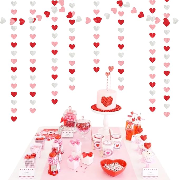 Glitter-Red Silver-Pink Valentines Party-Decorations Heart-Garland - 52ft Galentines Women Streamers Banner,Romantic Special Night Wedding Bachelorette Bridal Shower Birthday Backdrop Decor Burgleda