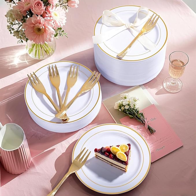 WELLIFE 60 PCS Gold Plastic Dessert Plates and 60 PCS Forks, 6.3 inch Disposable Salad Plates, Premium White Appetizer Plates with Gold Rims, Perfect for Party and Wedding