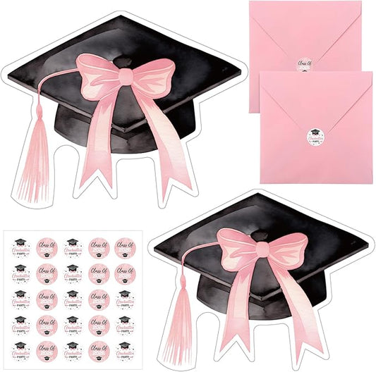 Marspark 25 Set Coquette Pink Bow Graduation Party Invitations Cards with Envelopes and Stickers Graduation Cap Shaped for College High School Grad Celebration Party Supplies, 5 x 6 Inch