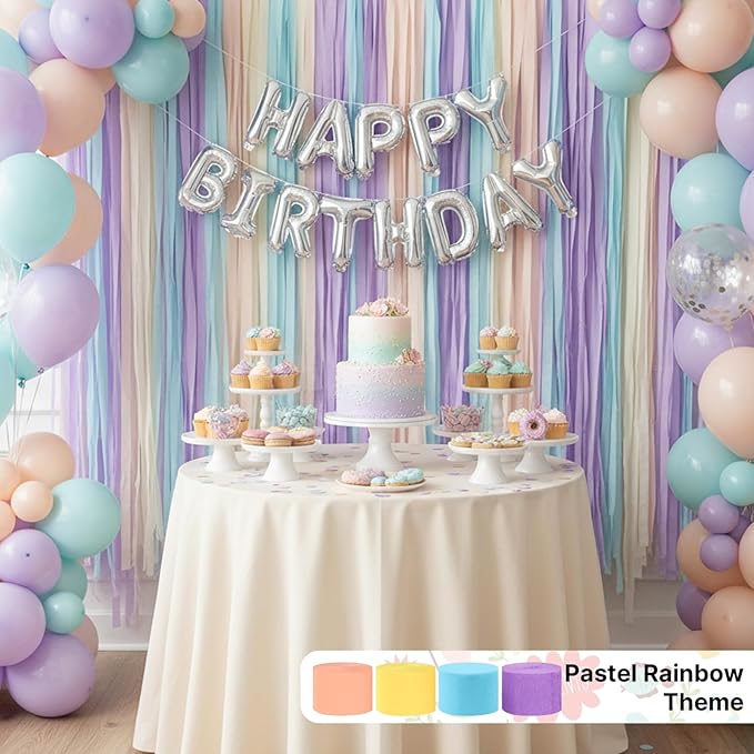 PartyWoo Crepe Paper Streamers 6 Rolls 492ft, Pack of Peach, Purple, Light Pink and Pastel Blue Party Streamers for Mermaid Birthday Decorations, Mermaid Party Decorations (1.8 Inch x 82 Ft/Roll)