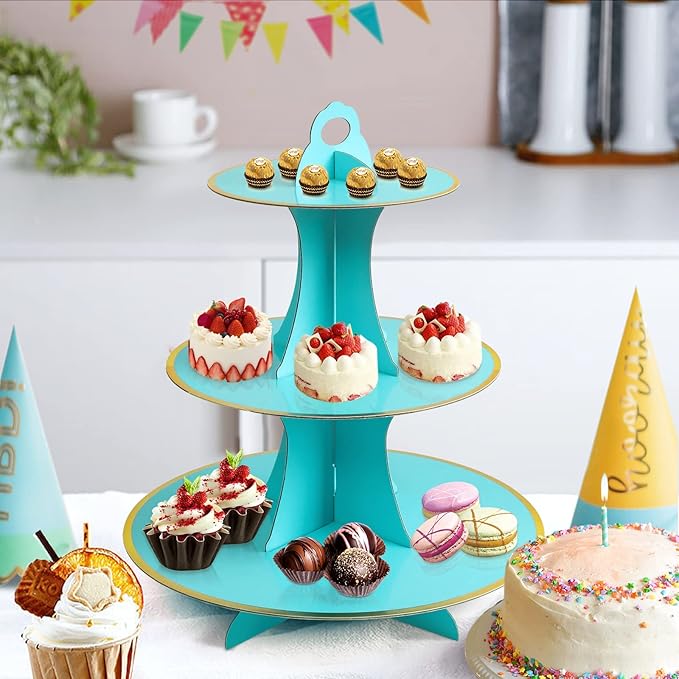 Soleebee 3-Tier Round Cupcake Stand, Cardboard Cupcake Tower, Dessert Cup Cake Stand Tower for Birthday Wedding Party Decoration, Cupcake Tier Stand 2 Set (Blue Gold)