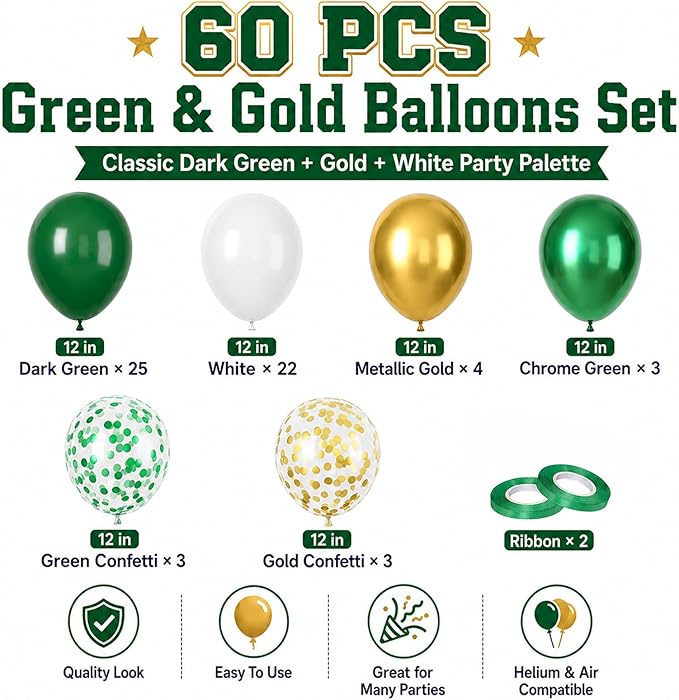 Green and Gold Balloons, 60PCS Metallic Gold and Green Balloons Set, 12 Inch Metallic Confetti Latex Balloon Helium for Birthday Safari Jungle Baby Shower Anniversary Graduation Party Decor