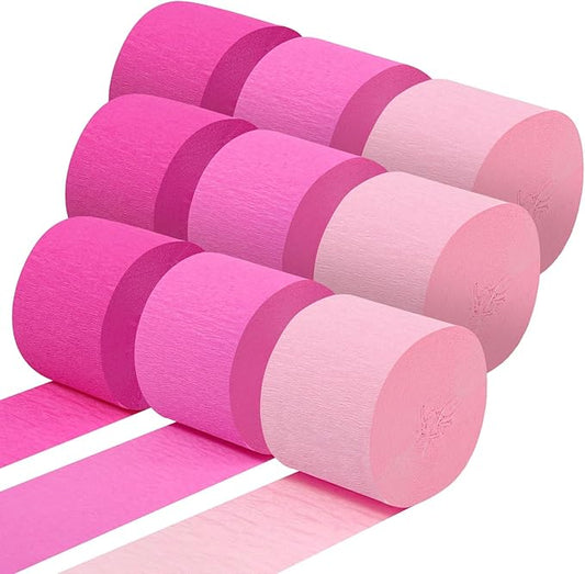 Pink Crepe Paper Streamers 9 Rolls 738ft, Pink Streamers Birthday Decorations for Wedding Mother's Day Baby Shower Holiday Party Decor, 1.77 Inch x 82 Ft/Roll