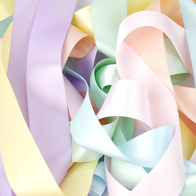 Pastel Ribbon Assortment 1.5 Inch Double Face Satin Ribbon, 6 Rolls 30 Yards Rainbow Colored Ribbon for Garland, Baby Shower, Birthday Party, Wedding, Easter, Christmas, Gift Wrapping