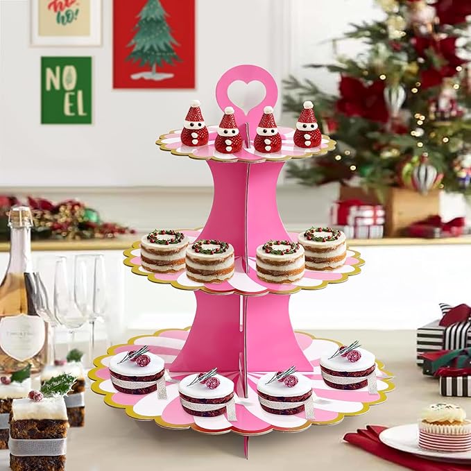 Soleebee 3-Tier Cupcake Stand, Cardboard Cupcake Tower, Dessert Cup Cake Stand Tower for Birthday Wedding Party Decoration, Cupcake Tier Stand 2 Set (Hot Pink Gold)