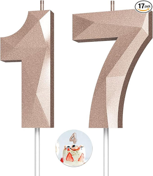 Number Birthday Candles(17 Candle Rose Gold) 3D Diamond Shape Number Happy Birthday Cake Candles for Birthday Party Wedding Decoration Reunions Theme Party