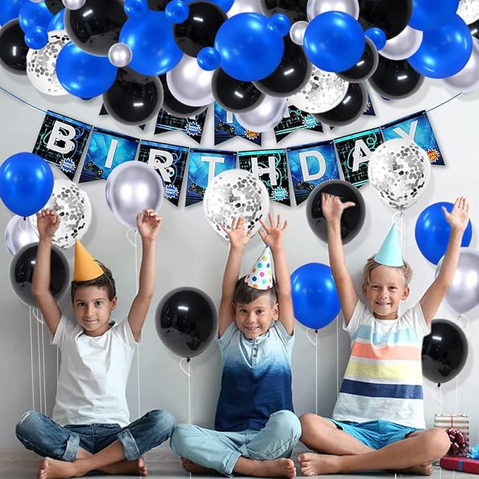 Royal Blue, Black, Metallic Silver Balloons Set - 122PCS Royal Blue and Black Balloons Arch Garland for Video Gaming Boy Birthday Men 30th 40th 50th Birthday Retirement Graduation Party Decorations