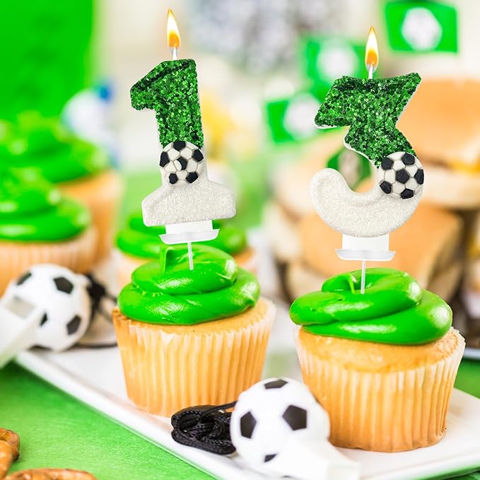 Soccer Birthday Candles Cake Topper for Girl and Boy, Wedding Cakes, Anniversaries, Party Celebrations, Birthday Decorations (Green White, 13)