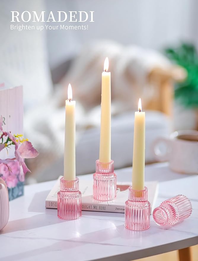 Romadedi Pink Glass Candle Holders - Set of 2 Ribbed Candlestick Holder for Table Centerpiece Elegant Taper Holder for Wedding Birthday Party Baby Showers Valentines Mother's Day Christmas