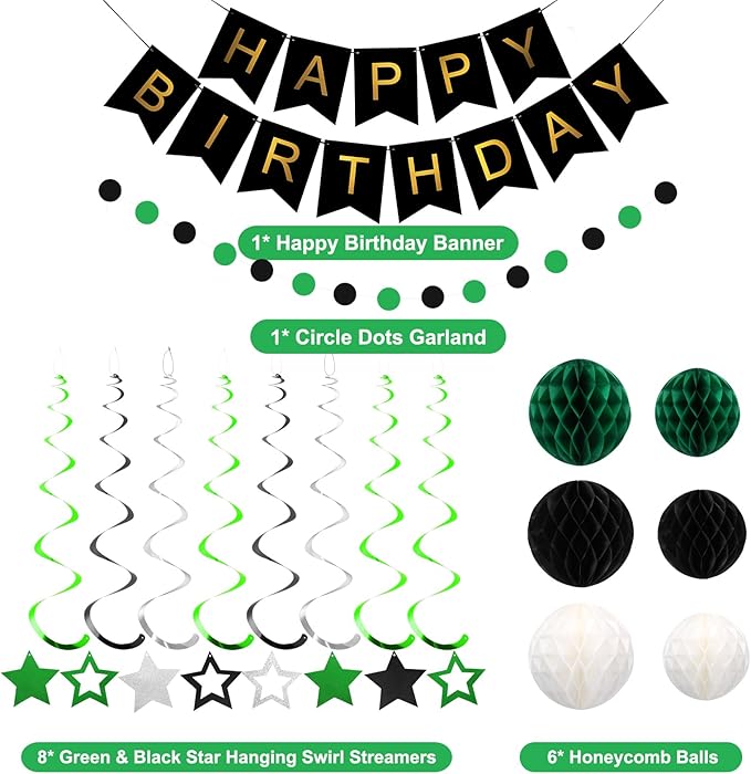 meowtastic Birthday Decorations, Happy Birthday Banner with Honeycomb Balls, Star Hanging Swirl Streamer, Circle Dot Garland, Happy Birthday Party Decorations for Women Men Boys Girls (Green & Black)