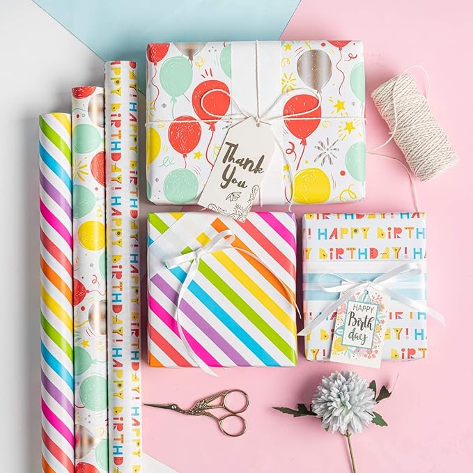 MAYPLUSS Birthday Wrapping Paper Roll - Mini Roll -17in x 120in Per roll - Red Balloon Stripes,Happy Birthday Lettering (42.3 sqft) for Party,Girl,Baby Shower,Boy Wedding, All Occassions