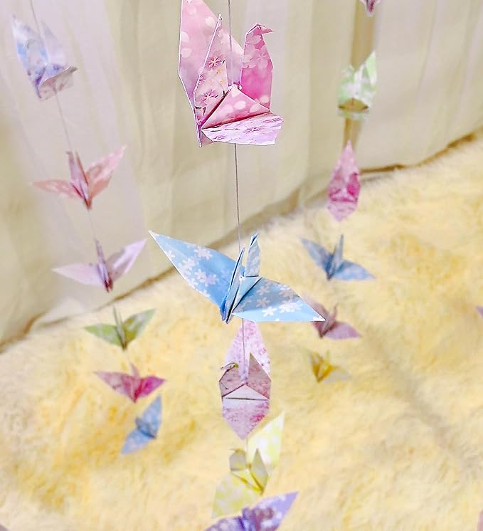 Pink Cherry Blossom Crane Paper Hanging Garland(3stringsX 5.2ft), Japanese Origami Bird Streamers, Sakura Flower for Bridal Shower, Baby Shower Birthday Party Supplies. Garden Ceiling Decor