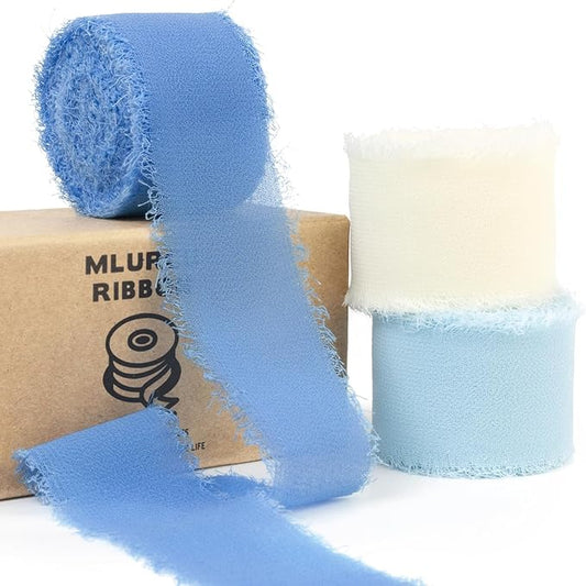 Blue Chiffon Ribbon 1 Inch x 21Yds Handmade Fringe Chiffon Silk Ribbon Blue & Cream Frayed Chiffon Ribbon for Baby Shower Wedding Invitation Flower Bouquets Gift Wrapping