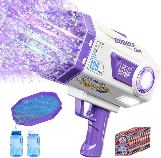 Deserthome Bubble Gun, 125 Holes Bubble Machine Gun, Bubble Blaster Gun for Kids, Rechargeable Bubble Gun with Bubble Solution, Easter Toy Party Favors Bubble Maker for Wedding Birthday (Purple)