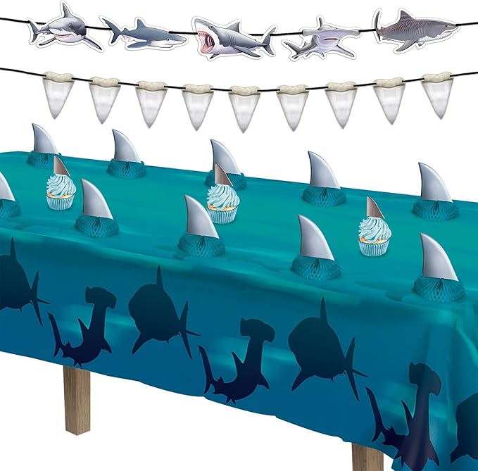 Beistle 4 Piece Shark Banners For Ocean Beach Under The Sea Theme Party, Luau Decorations, Birthday Décor, Baby Shower Celebration