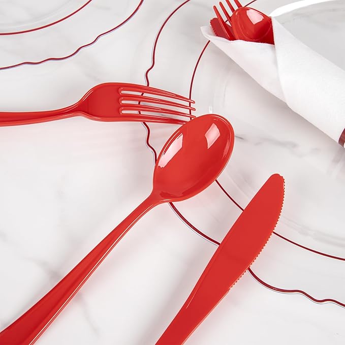 Liacere 400PCS Pre Rolled Red Silverware and Napkin - Disposable Red Plastic Utensils-Wrapped Plastic Cutlery Set with Napkin:100Forks,100Knives,100Spoons,100Napkins for Graduation & Memorial Day