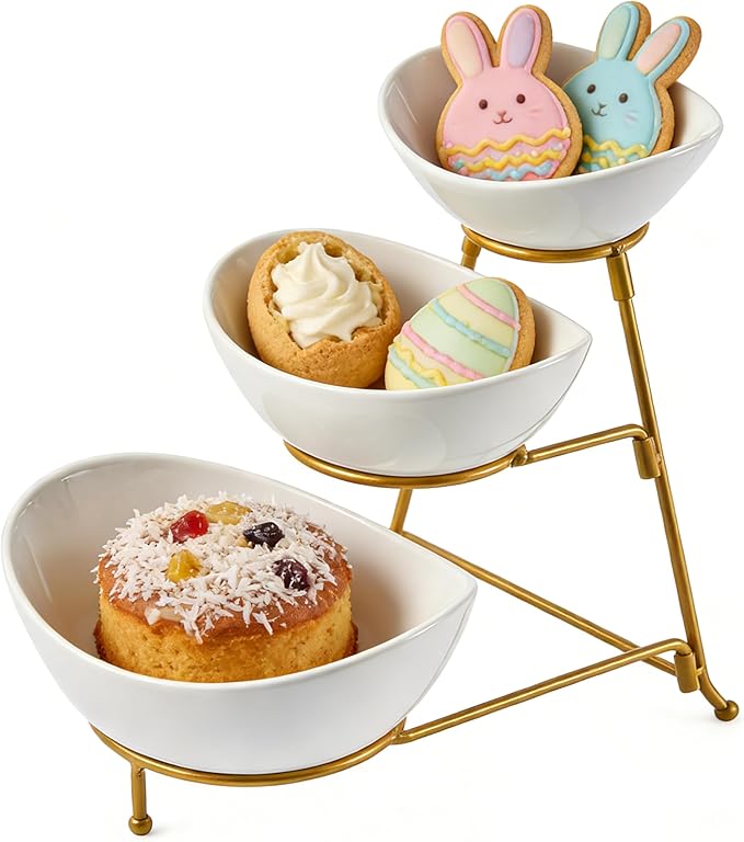 LYEOBOH 3 Tier Serving Bowls Set Tiered Serving Stand, Porcelain Oval Bowls with Collapsible Metal Stand for Entertaining, Party, Dessert Display, Candy, Chip and Dip (Gold)-45oz / 17.5oz / 7oz