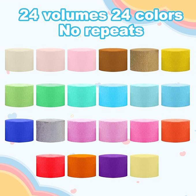 24 Rolls Crepe Paper Streamers, 24 Vibrant Colors Birthday Streamer Party Decorations Rainbow Party Streamers for Birthday Parties Wedding Ceremony Baby Shower Halloween DIY Crafts Decoration