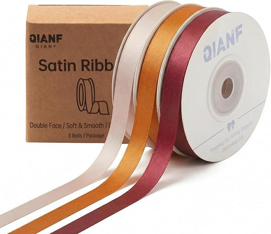 QIANF 3/8 Inch Fall Double Face Satin Ribbon 45 Yards Terracotta Copper Brown Fabric Ribbon for Gift Wrapping, Flower Bouquets, Bows Making Making, Wedding Decor (3 Rolls *15Yd)