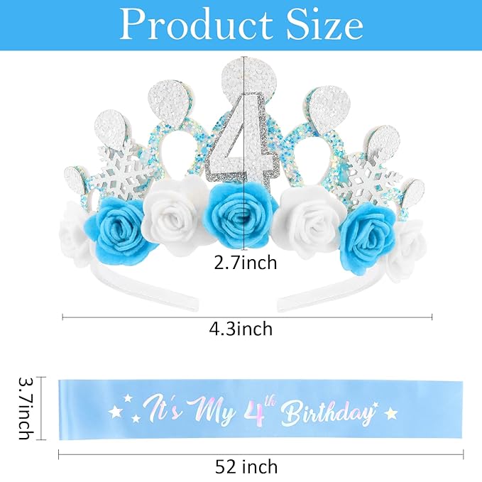 CUBACO 4th Birthday Crown Headband and Sash, 4 Year Old Girl Birthday Gifts for Blue Princess Crown, Frozen Party Decorations Favors for Girls Outfit