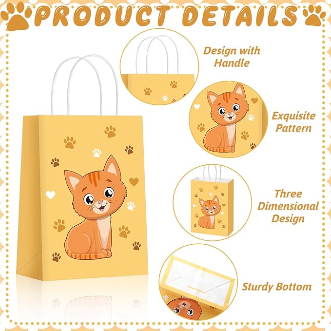 Zhanmai 48 Pcs Cat Birthday Party Favors Bags Bulk for Goodie Gifts Cute Kitty Candy Treat Paper Bags with Handles for Kitten Birthday Party Decoration Supplies Pet Adoption