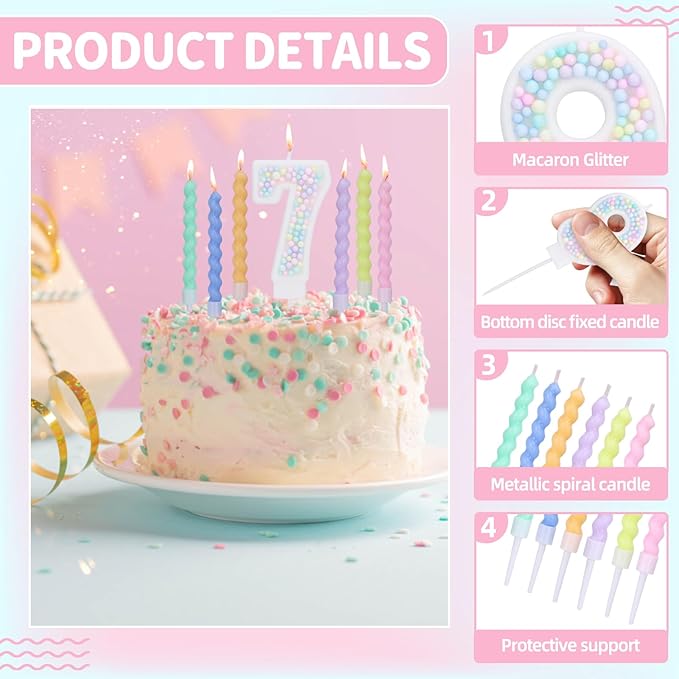 Number 7 Birthday Candles for Cake with 18 Pieces Spiral Candles with Macaron Pastel Rainbow Pink Cake Toppers for Girls Happy Birthday Party Decorations