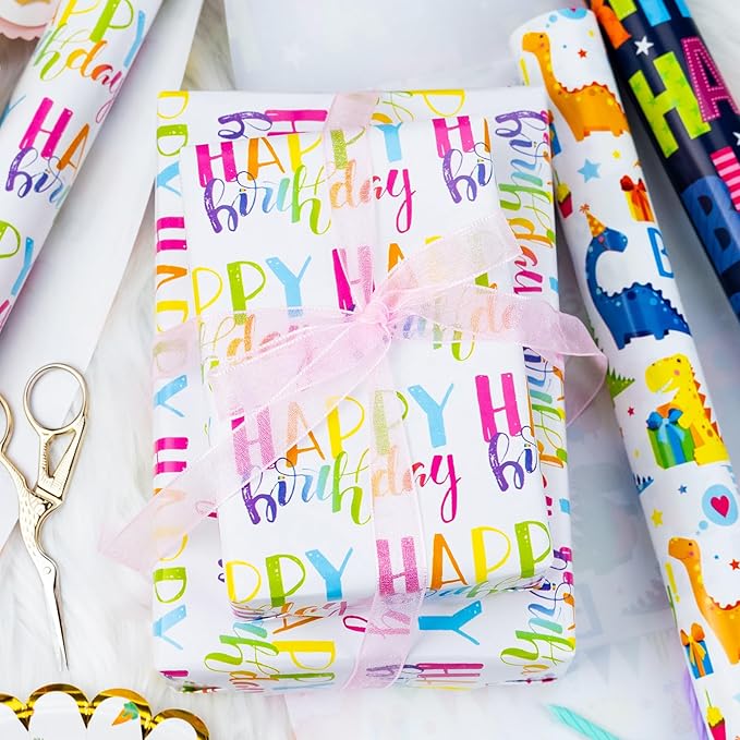 MAYPLUSS Dinosaur Birthday Wrapping Paper, Kid Gift Wrapping Paper, Happy Birthday Dinosaur Pattern Gift Wrap for Boys, Girls, Baby Shower(Mini Roll, 17 Inch x 120 Inch Per Roll)
