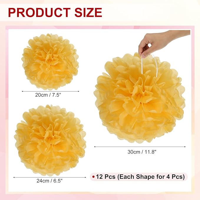 PATIKIL 8" 10" 12" Tissue Paper Pom Poms, 12PCS Pom Poms Paper Flowers Ball Tissue Paper Flowers Assorted Size for Wedding Bridal Shower Birthday Party Backdrop Decoration, Yellow