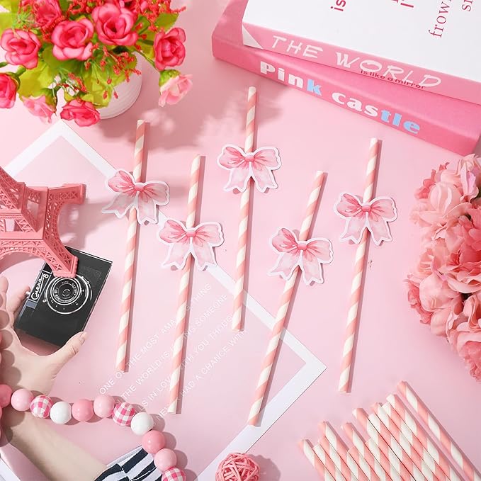 Whaline 60Pcs Pink Bow Paper Straws Tying the Knot Bride Bach Decor Coquette Pink White Striped Disposable Drinking Straw for Birthday Bridal Shower Wedding Bachelorette Party Supplies