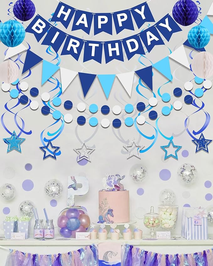 Pre-Strung Blue Happy Birthday Decorations, Happy Birthday Banner with Honeycomb Balls, Stars Hanging Swirl Streamers, Dots Garland, Party Decorations for Men Boys Women Girls