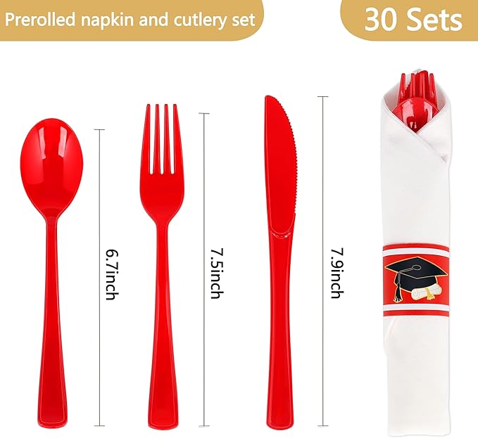 30 Pack Pre Rolled Red Plastic Silverware Set,Wrapped Plastic Cutlery Set with Napkin Include 30 Forks,30 Spoons,30 Knives and 30 White Napkins for Graduation Party