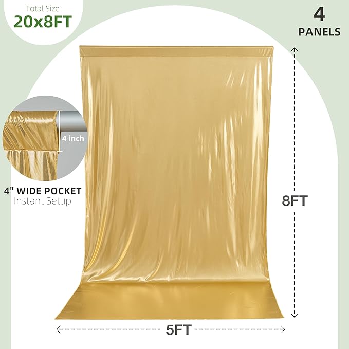 20x8ft Gold Sequin Backdrop Curtain Panels,Non-Shedding Pure Gold Drapes，Glitter Shimmer Drapes for Wedding Birthday Party Photography Decorations 4Panels(5x8ft Each)