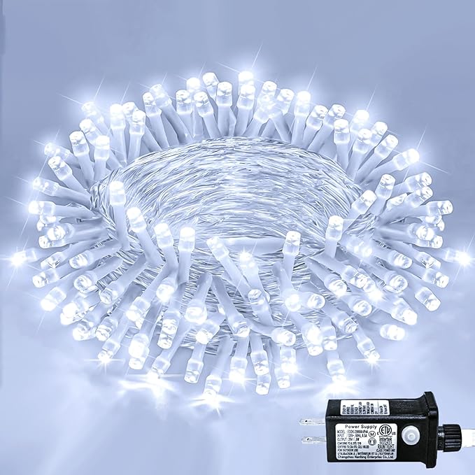 120 LED White Christmas Lights Outdoor, 40ft 8 Modes White Christmas String Lights Clear Wire, Plug in Waterproof Twinkle Fairy Lights for Indoor Outdoor Bedroom Wedding Tree Christmas Decorations