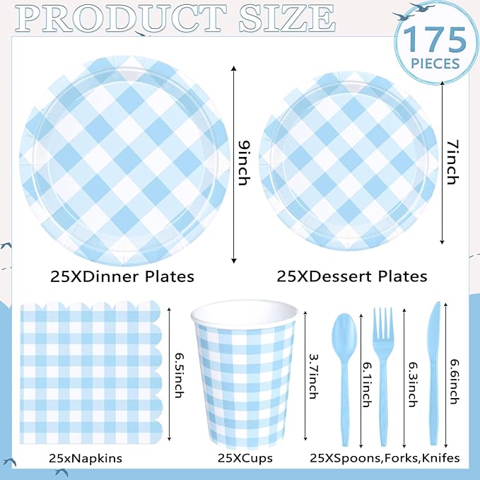175 Pcs Gingham Party Supplies for 25 Guests, Paper Plates and Napkins Knives Spoons Forks Cups Disposable Party Set Cutlery for Baby & Bridal Shower, Wedding, Birthday Party, Outdoor Picnic ( Blue )