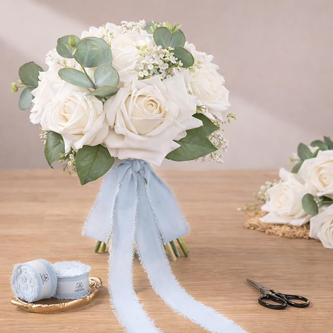 DORIS HOME Baby Blue Chiffon Ribbon for Flower Bouquet, 1" x21Yd Fabric Ribbon for Gift Wrapping, Handmade Frayed Ribbon for Wedding Invitations/Christmas Decorations