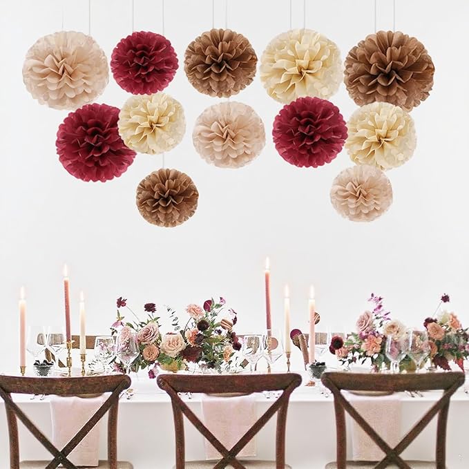 Capesaro Burgundy Beige 12PCS Paper Pom Poms Party Decorations for Engagement,Boho Wedding,Baby Shower