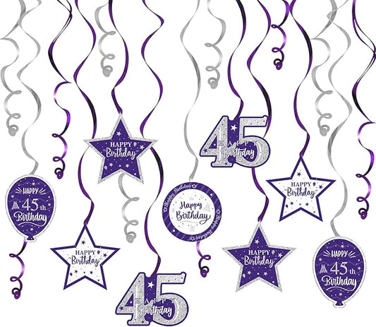Happy 45th Birthday Purple & Silver Glitter Swirls Streamers Party Decorations - 15 Pcs 45th Birthday Hanging Swirls Streamers Kit,Perfect for 45th Bday Party Sign.