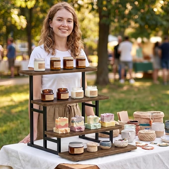 Cupcake Stand for 50 Cupcakes 4 Tiered Tray Stand for Food Cookie Wooden Dessert Display Risers for Party Wedding Buffet Stepped Risers Display Stands for Vendor Farmers Market Display, Walnut